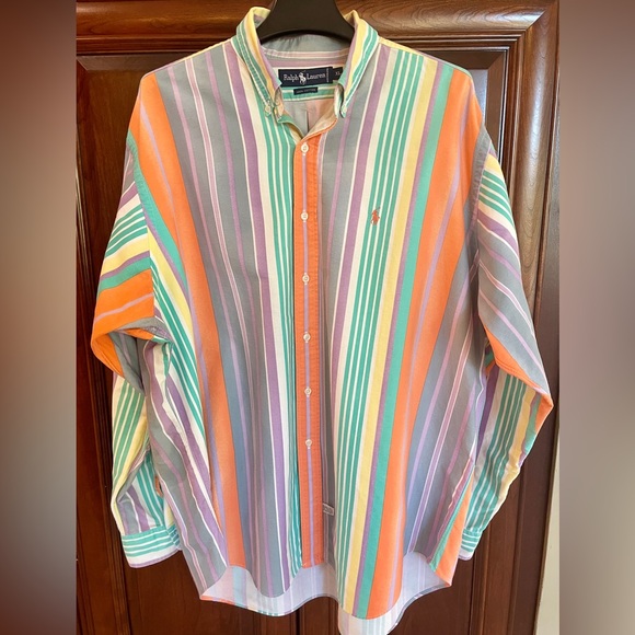 Vintage 80s Ralph Lauren Pastel Rainbow Stripe Cotton Long Sleeve Dress Shirt XL - Picture 16 of 16